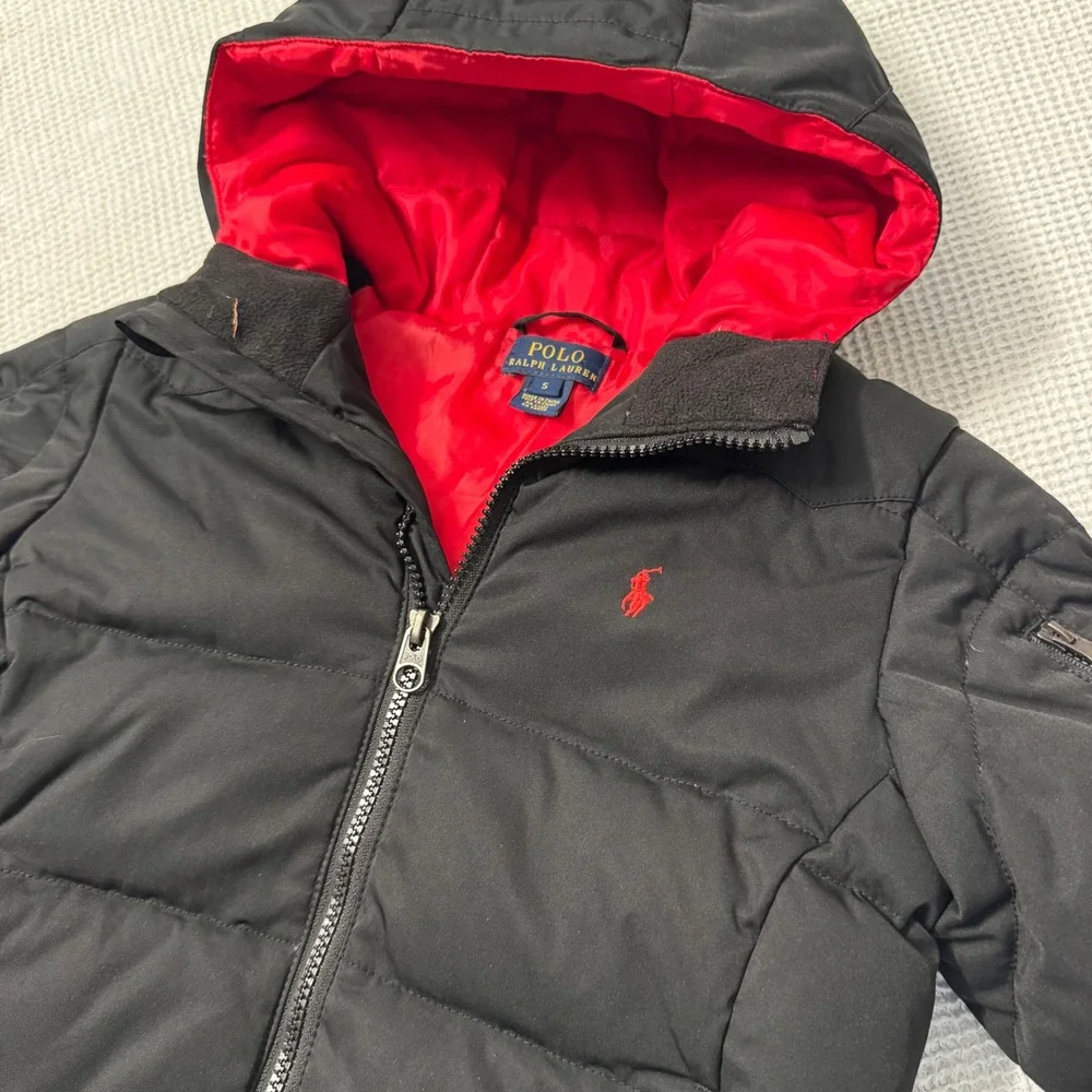 Polo Ralph Lauren Boys Black Down Puffer Jacket Red Lining Hooded Coat Size 5
